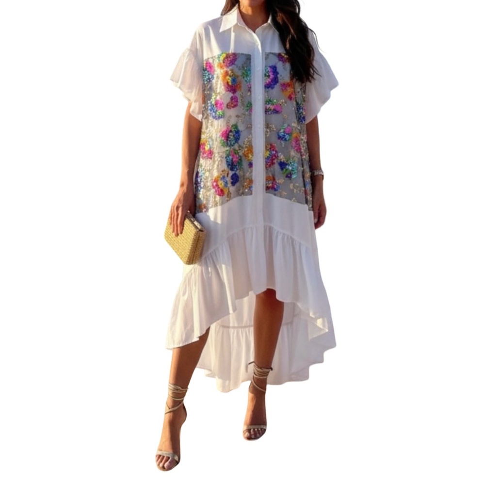 # A230   Nancy  Resort Chic  White Sequin Floral   Shirt Dress  NWT  S